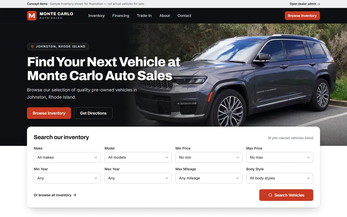 Monte Carlo Auto Sales homepage with inventory search